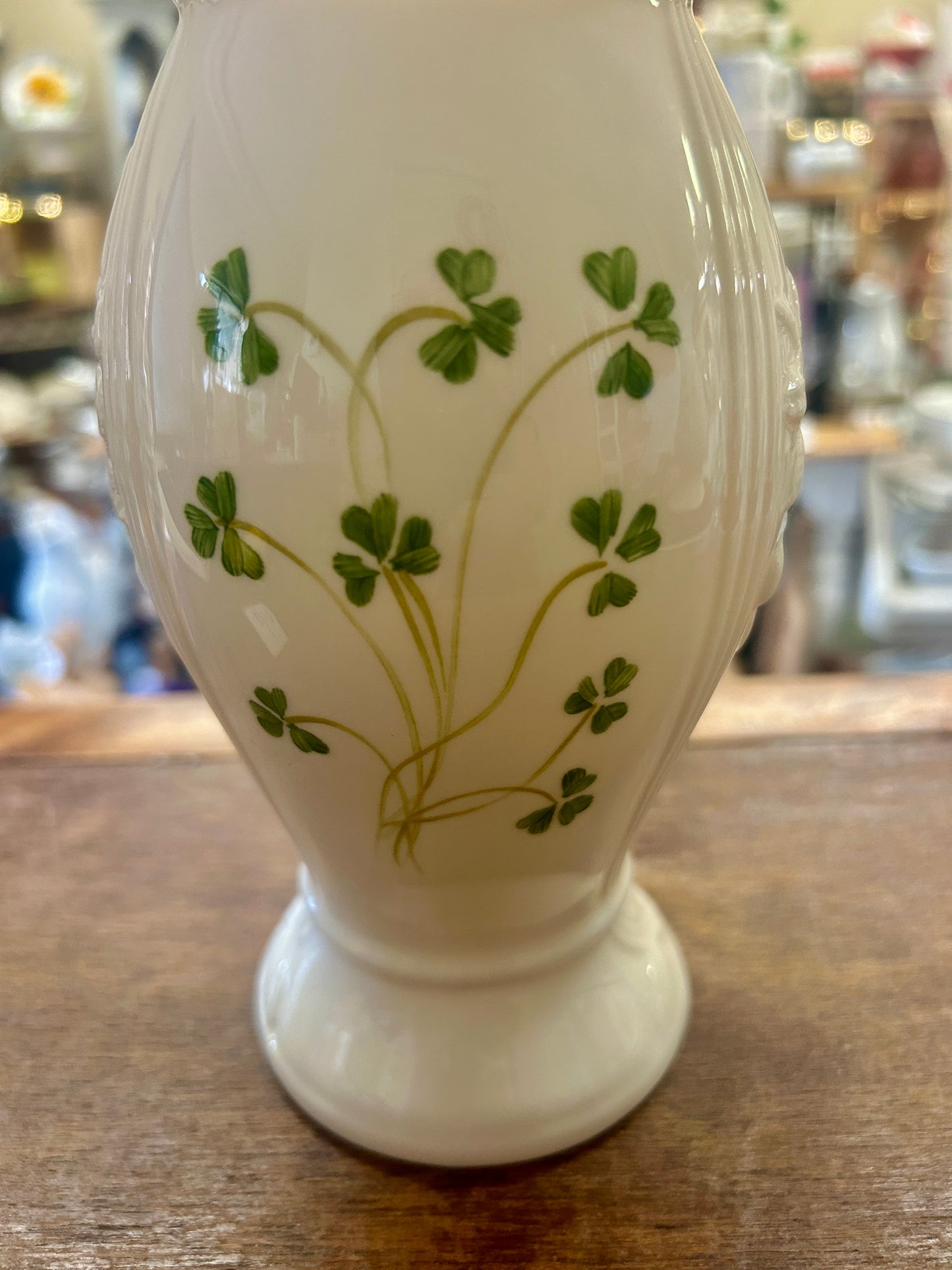 White Belleek Shamrock Vase Ireland, 8 3/4"