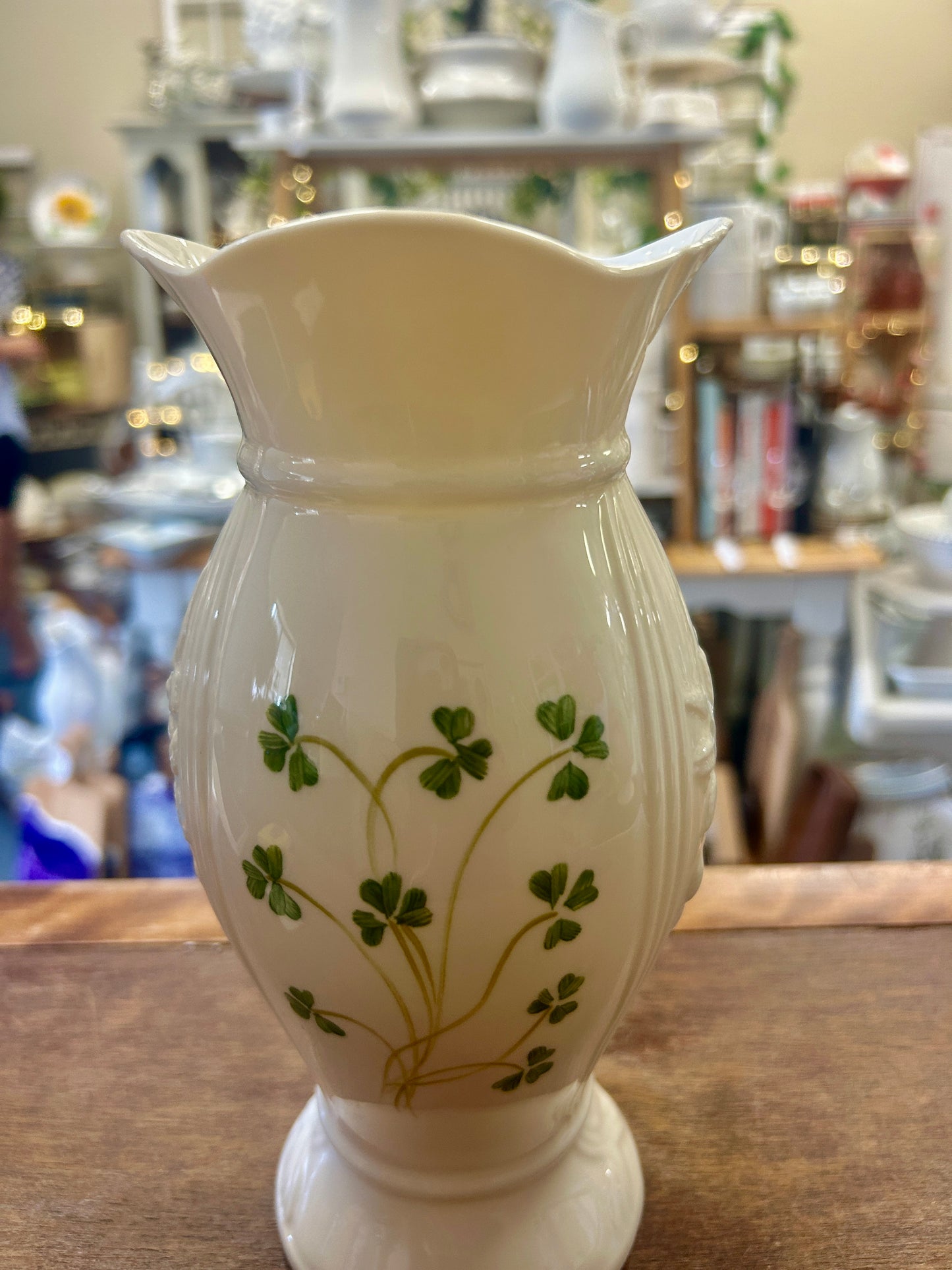 White Belleek Shamrock Vase Ireland, 8 3/4"