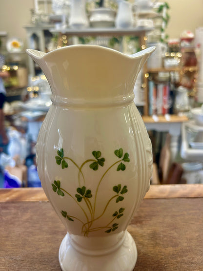 White Belleek Shamrock Vase Ireland, 8 3/4"