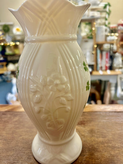 White Belleek Shamrock Vase Ireland, 8 3/4"