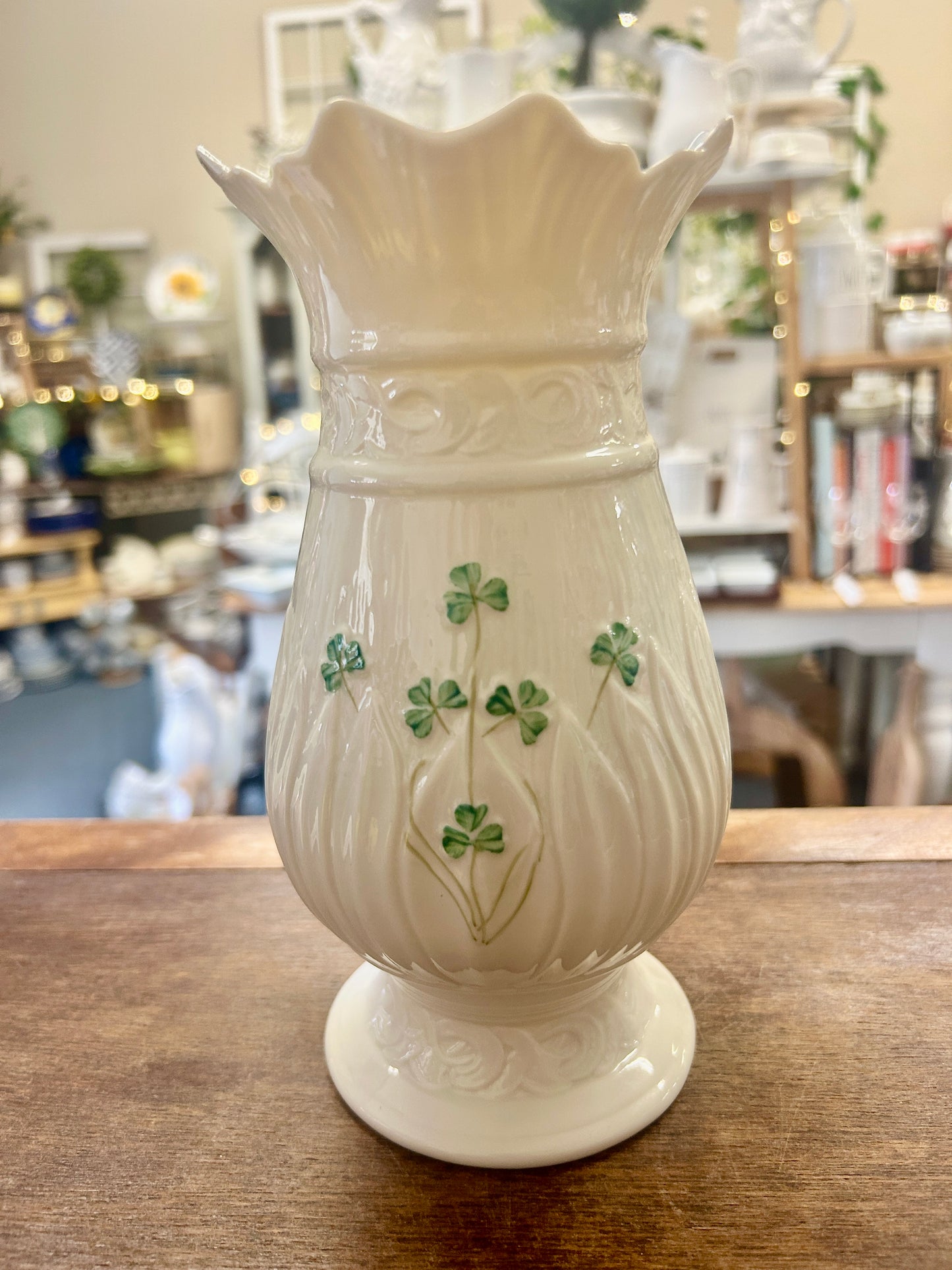 White Belleek Shamrock Vase Ireland, 8"