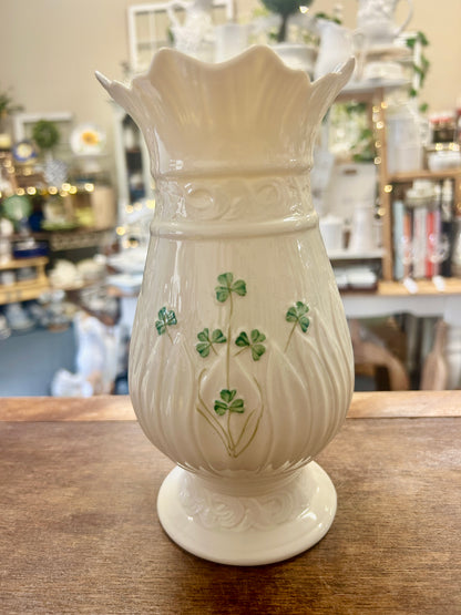 White Belleek Shamrock Vase Ireland, 8"