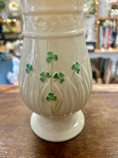 White Belleek Shamrock Vase Ireland, 8"