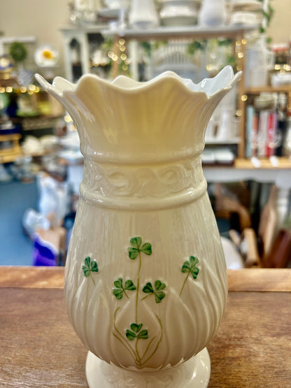 White Belleek Shamrock Vase Ireland, 8"