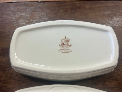 White Belleek Claddagh Butter Dish Ireland, 7 1/2"