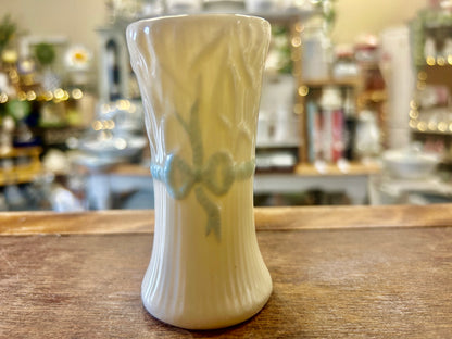 White Belleek Blue Ribbon Vase Ireland, 4"