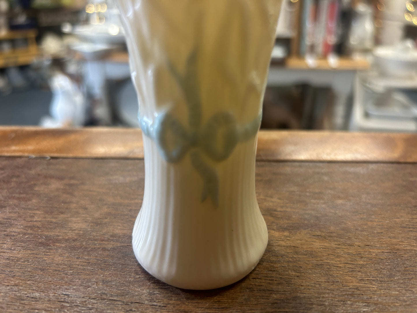 White Belleek Blue Ribbon Vase Ireland, 4"