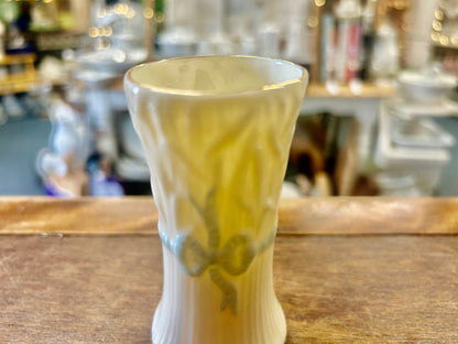 White Belleek Blue Ribbon Vase Ireland, 4"