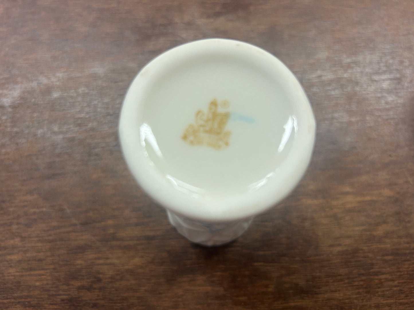 White Belleek Blue Ribbon Vase Ireland, 4"