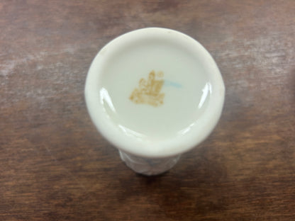 White Belleek Blue Ribbon Vase Ireland, 4"