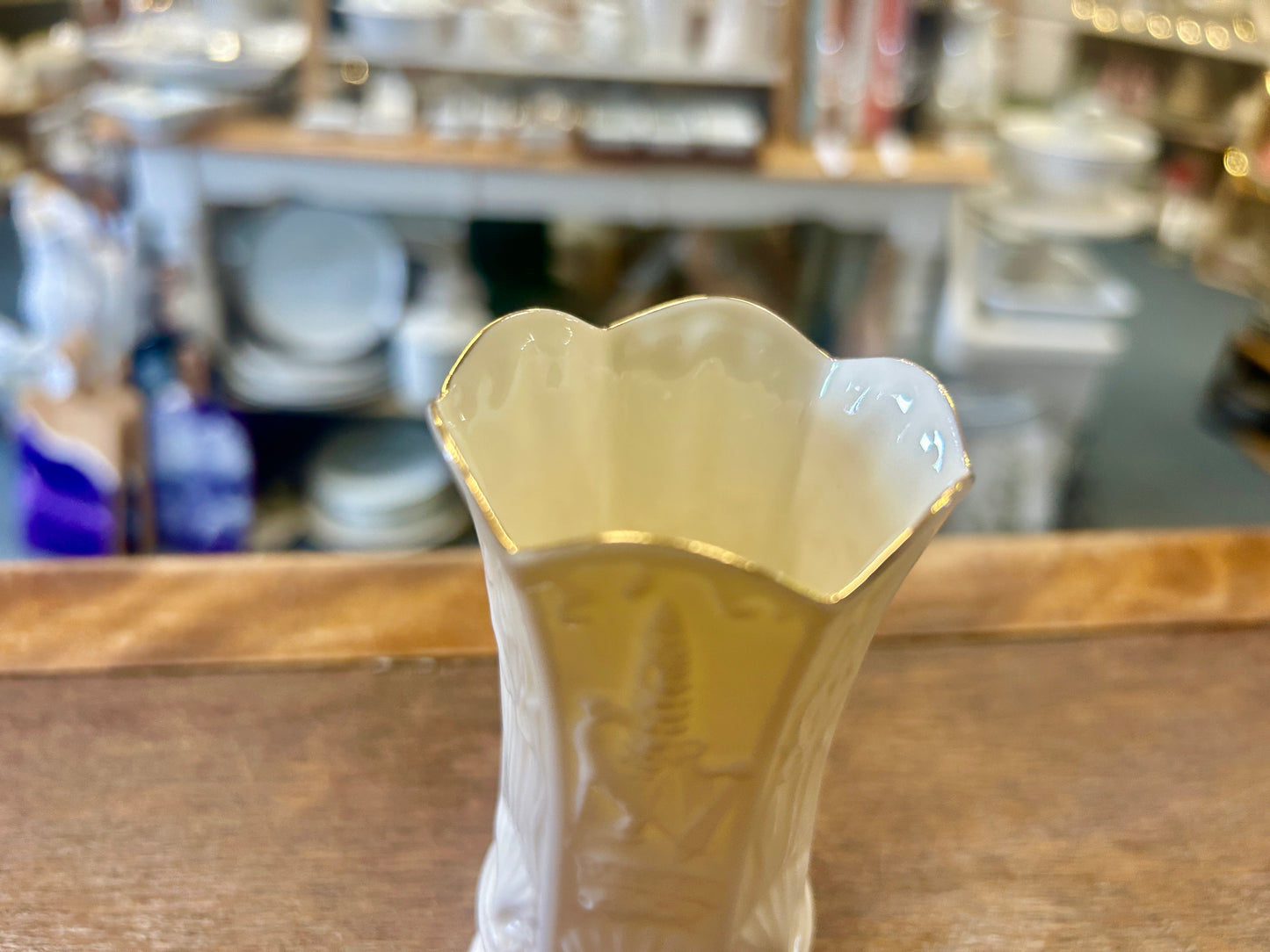 White Belleek Gold Rim Vase Ireland, 4 1/4"