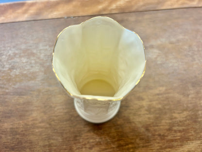 White Belleek Gold Rim Vase Ireland, 4 1/4"