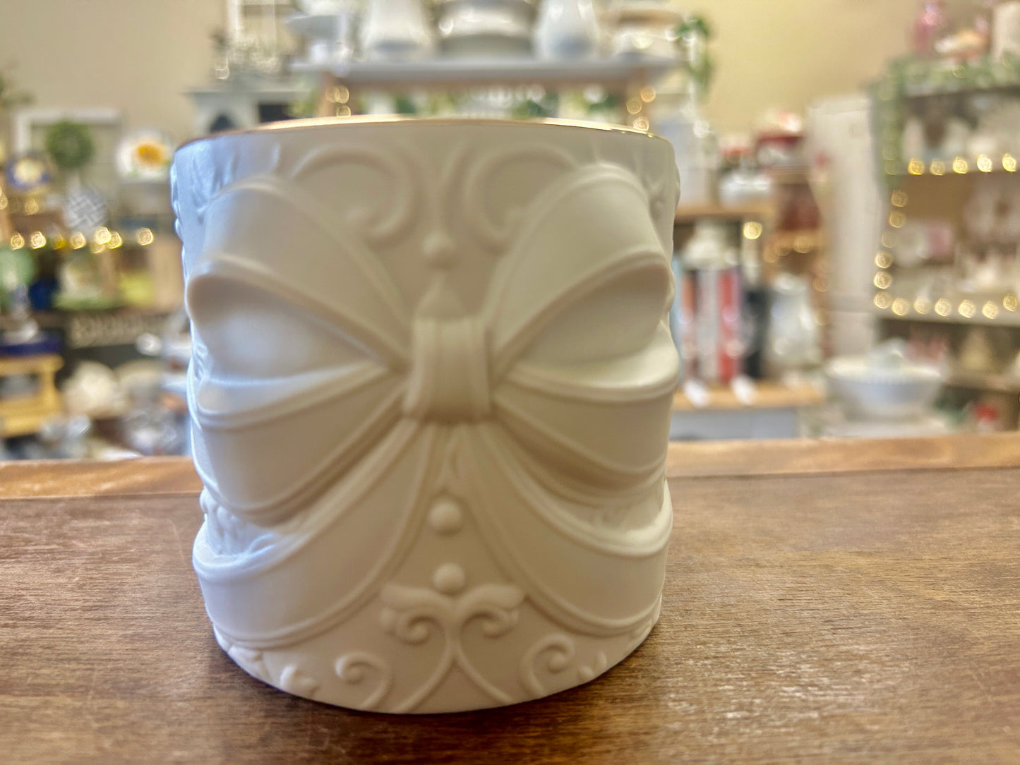 White Lenox Bow Candleholder, 3 1/2"