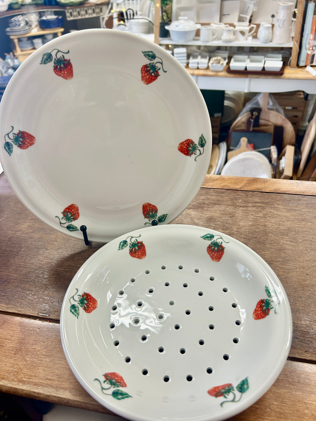 Red & white Apilco Strawberry Colander & Plate France, 9 3/4"