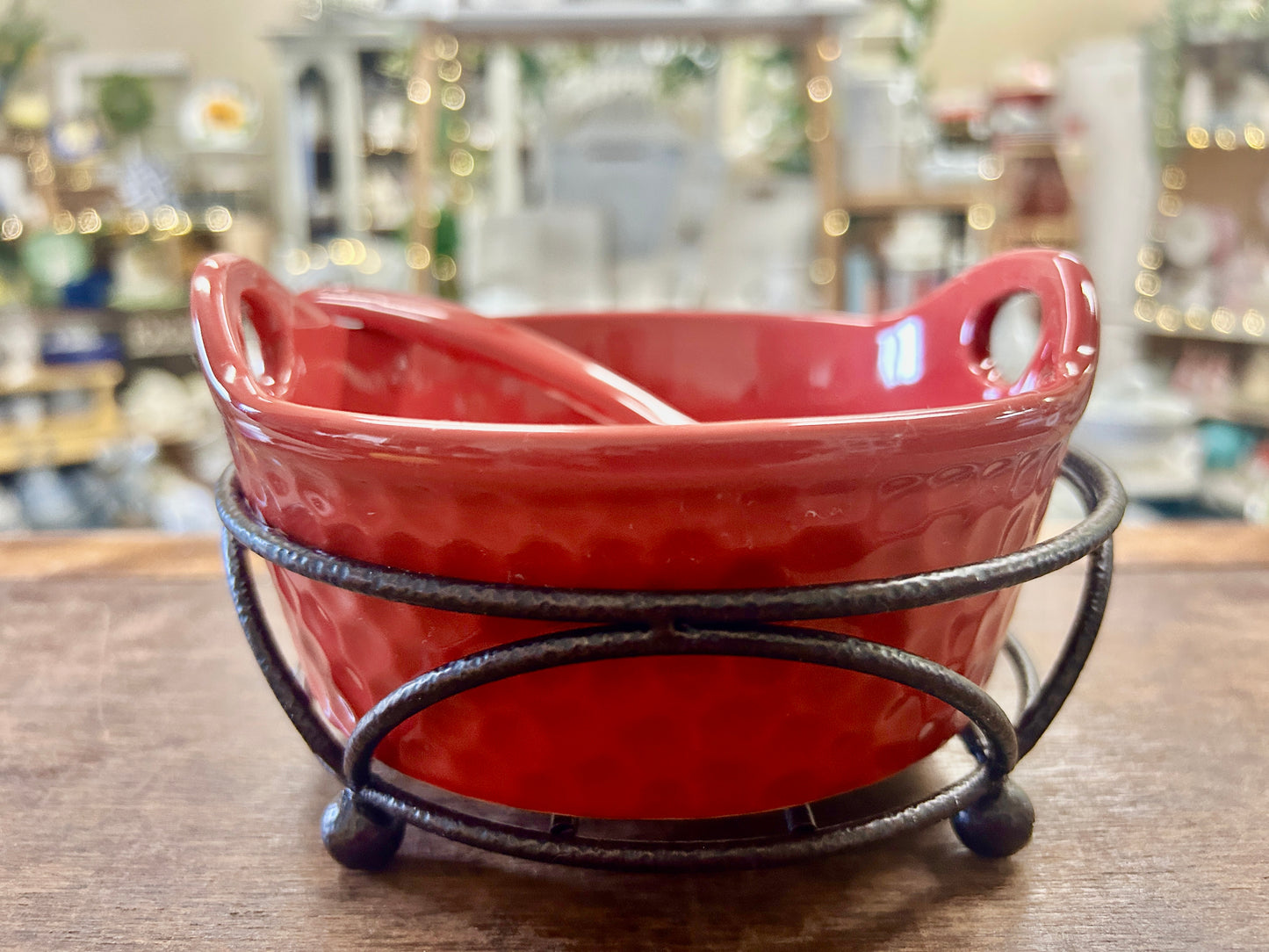 Red Tastefully Simple NEW Crock, Rack, & Spoon, 6"