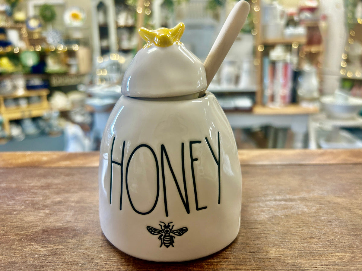 White Rae Dunn HONEY Container w/ Wand, 5"