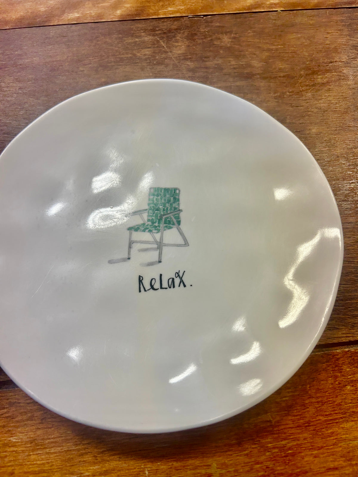 White Rae Dunn Melamine RELAX Plate, 8"