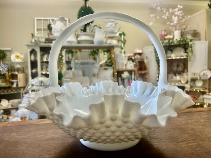 White Fenton Vintage Hobnail Milk Basket, 11"