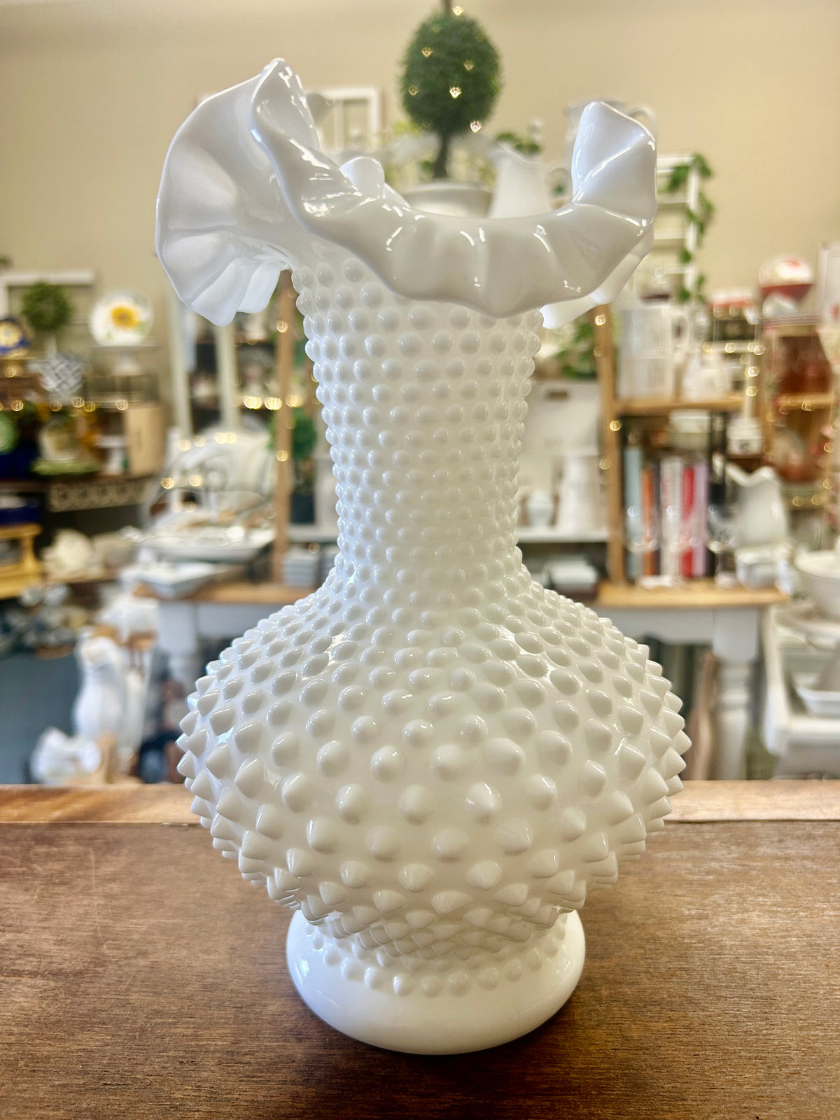 White Fenton Vintage Hobnail Ruffle Vase, 11"