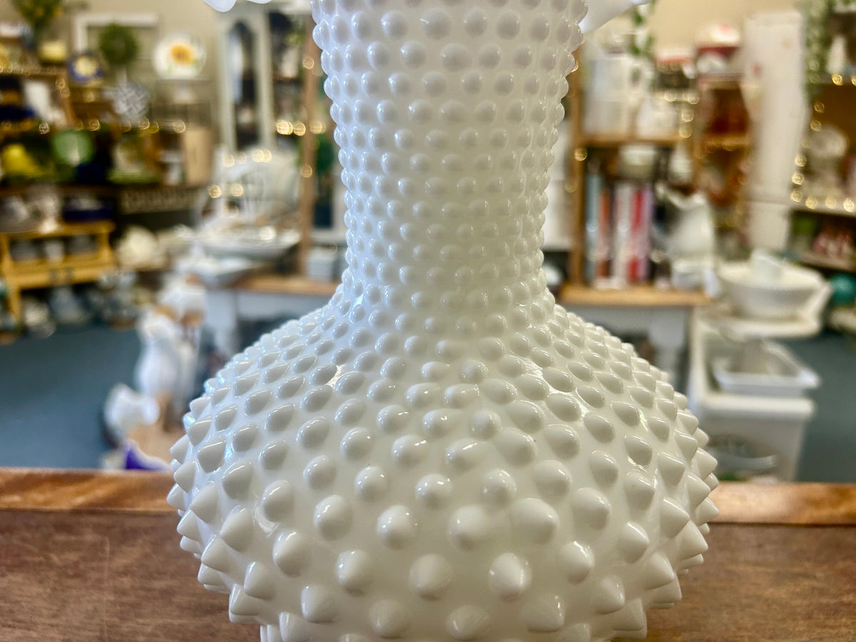 White Fenton Vintage Hobnail Ruffle Vase, 11"