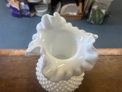 White Fenton Vintage Hobnail Ruffle Vase, 11"