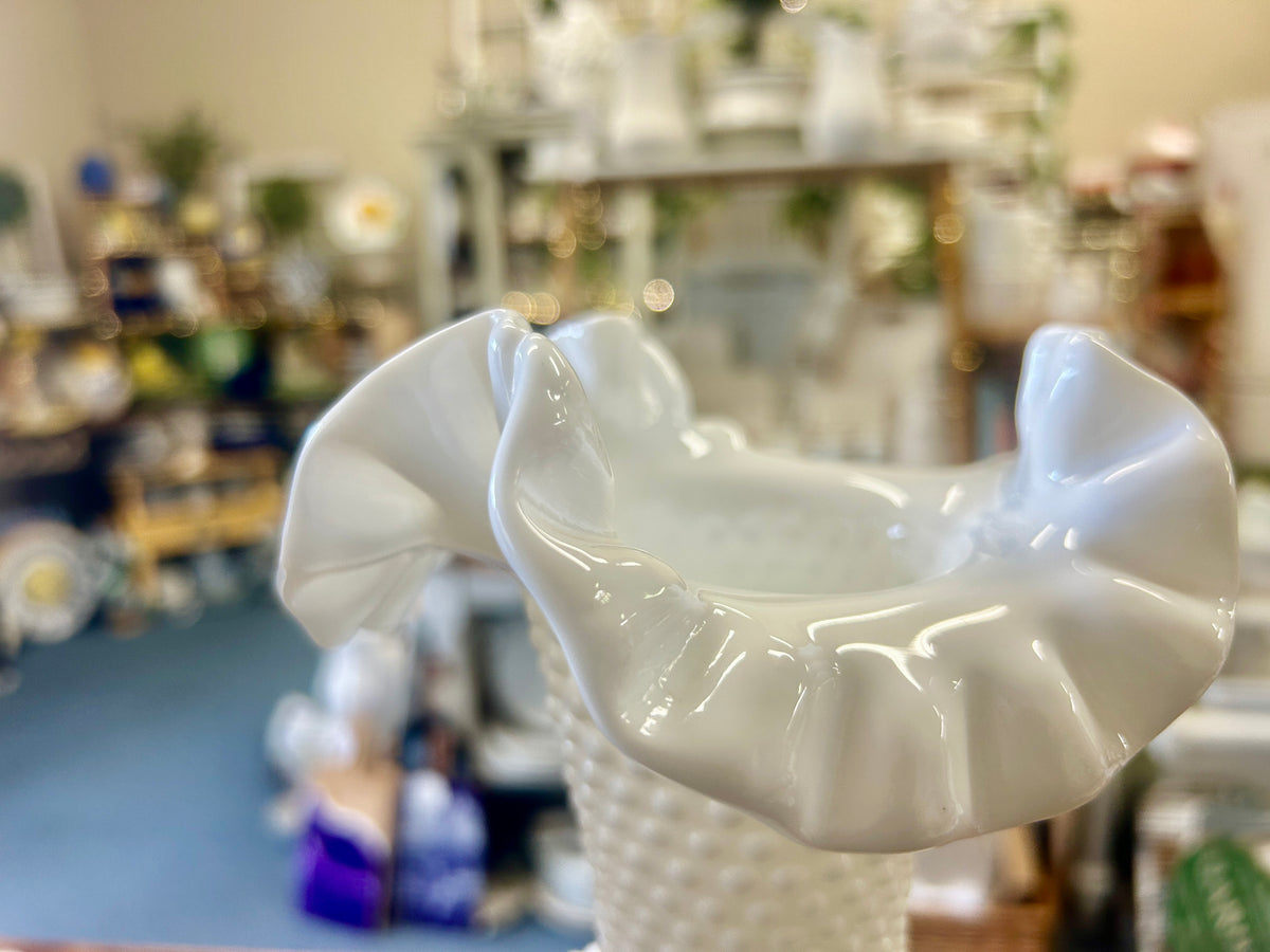 White Fenton Vintage Hobnail Ruffle Vase, 11"