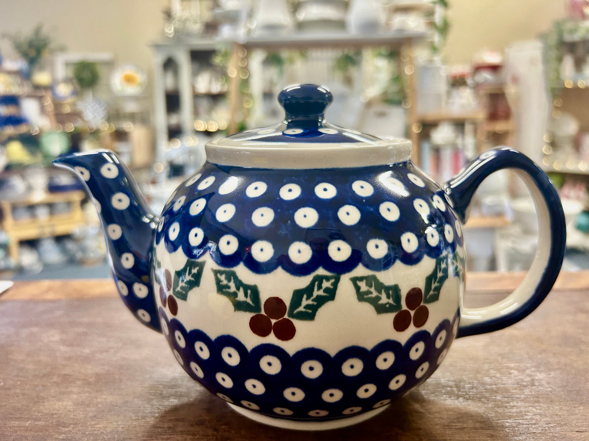 Blue & Green Boleslawiec Polish Pottery Holly Tea Pot, 9"