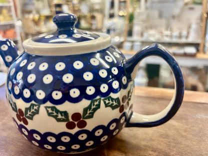 Blue & Green Boleslawiec Polish Pottery Holly Tea Pot, 9"