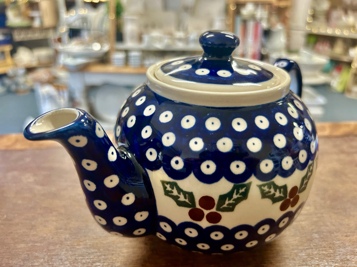 Blue & Green Boleslawiec Polish Pottery Holly Tea Pot, 9"