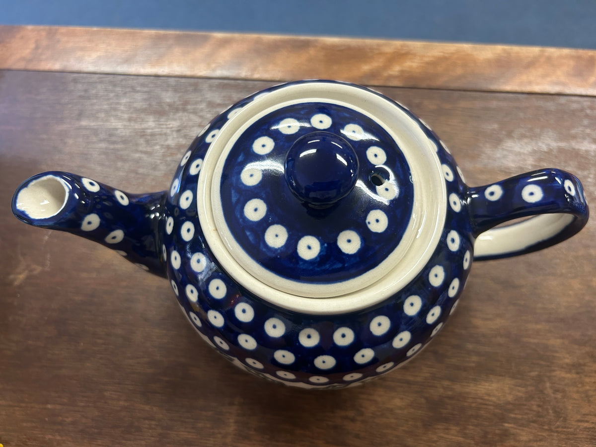 Blue & Green Boleslawiec Polish Pottery Holly Tea Pot, 9"