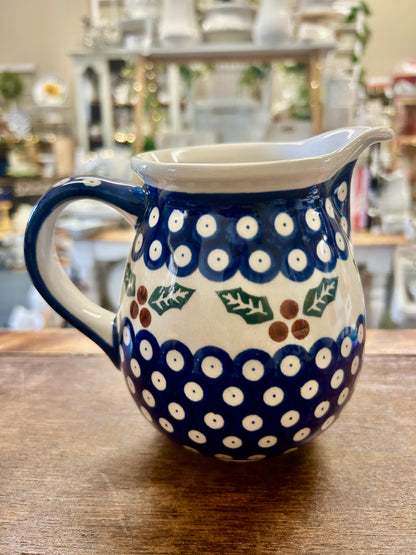 Blue & Green Boleslawiec Polish Pottery Holly Pitcher, 5 3/4"