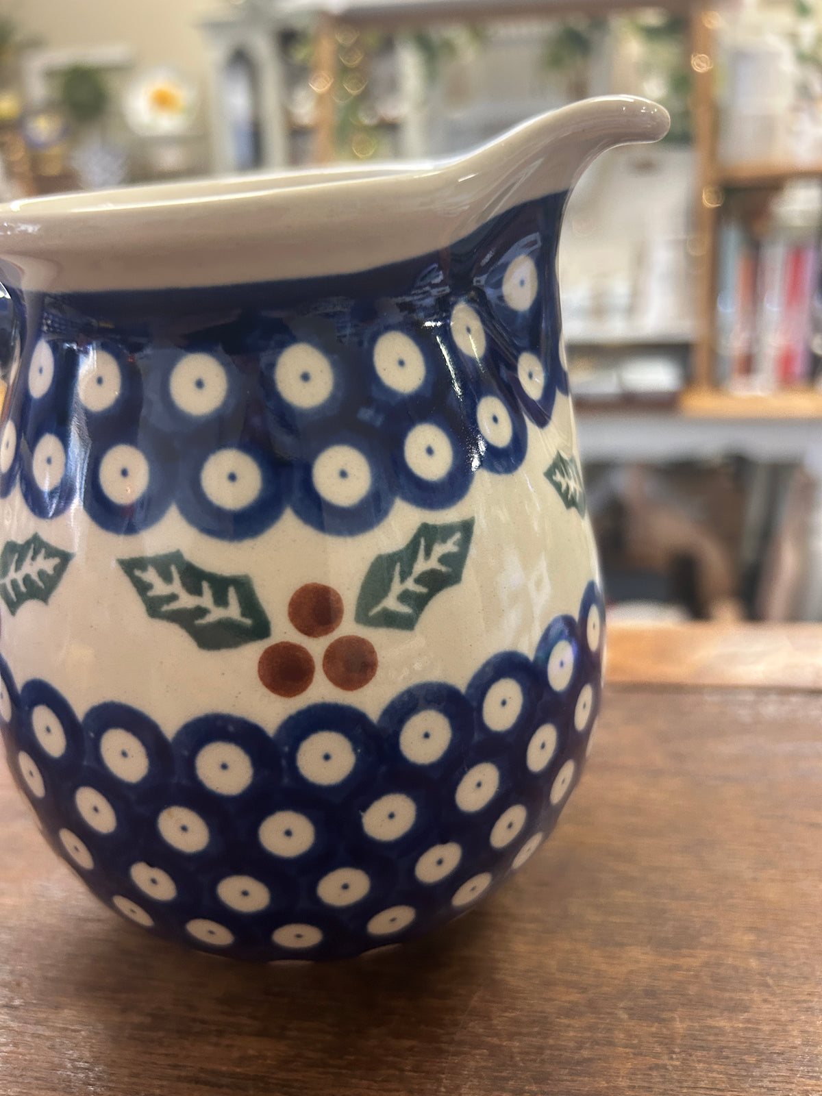 Blue & Green Boleslawiec Polish Pottery Holly Pitcher, 5 3/4"