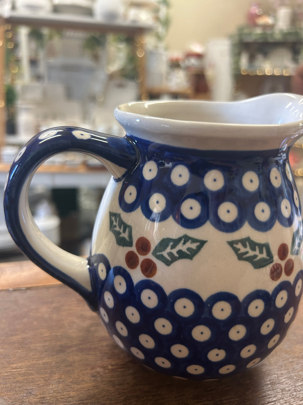 Blue & Green Boleslawiec Polish Pottery Holly Pitcher, 5 3/4"