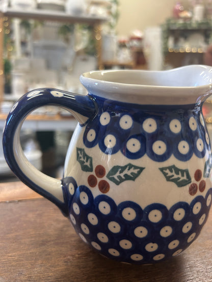 Blue & Green Boleslawiec Polish Pottery Holly Pitcher, 5 3/4"