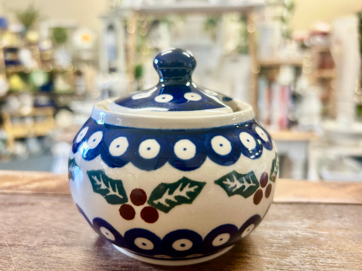 Blue & Green Boleslawiec Polish Pottery Holly Sugar Bowl, 4"