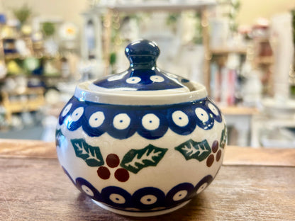 Blue & Green Boleslawiec Polish Pottery Holly Sugar Bowl, 4"