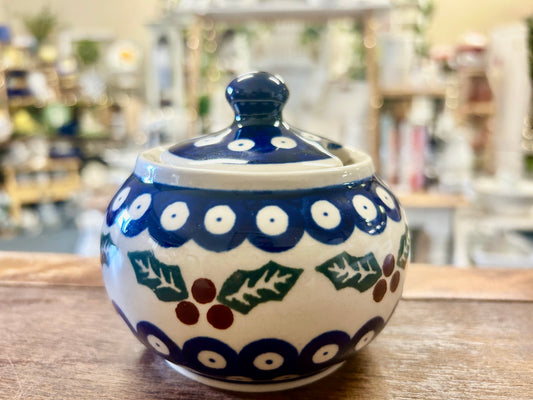 Blue & Green Boleslawiec Polish Pottery Holly Sugar Bowl, 4"