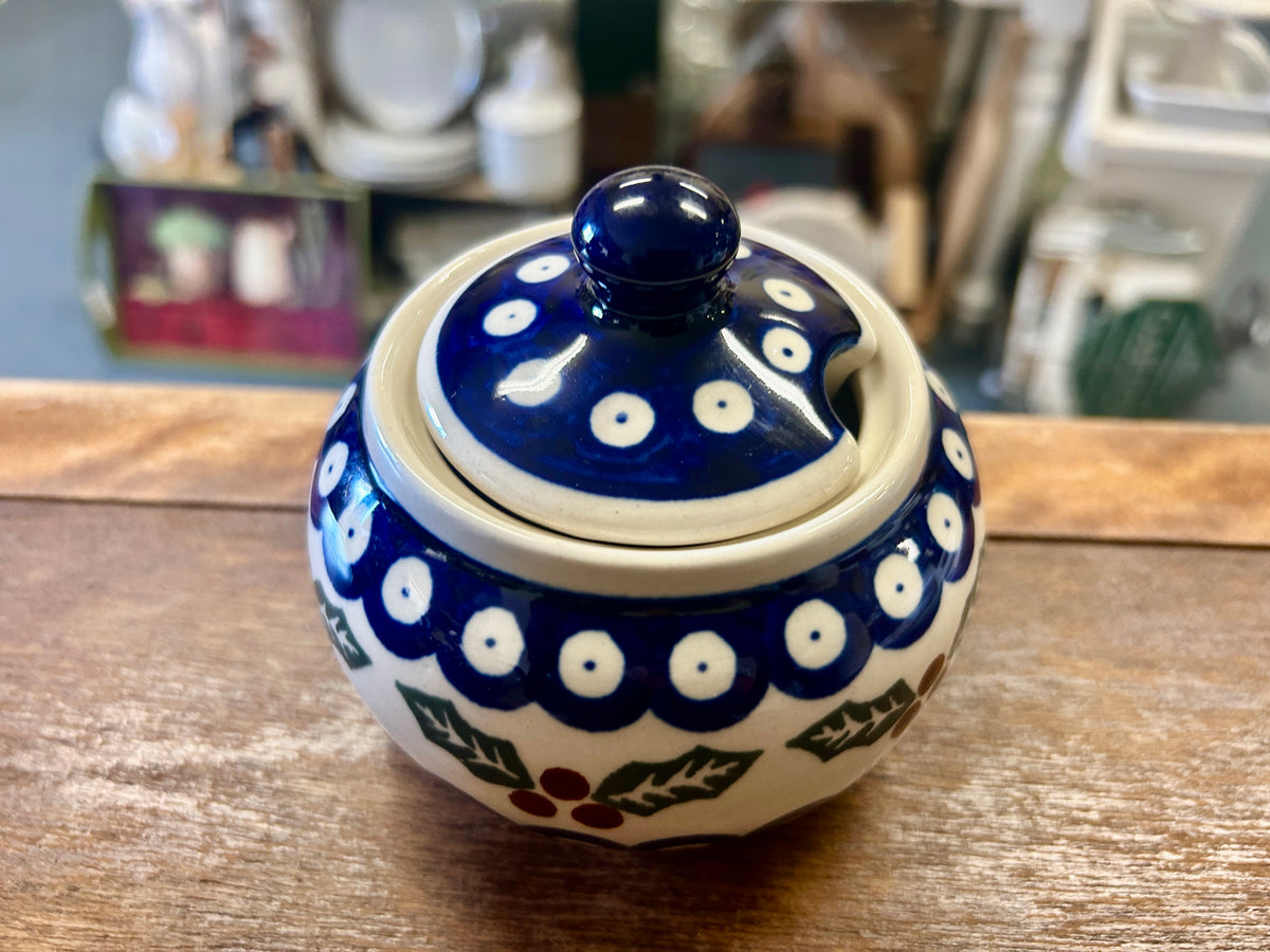 Blue & Green Boleslawiec Polish Pottery Holly Sugar Bowl, 4"