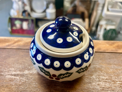 Blue & Green Boleslawiec Polish Pottery Holly Sugar Bowl, 4"
