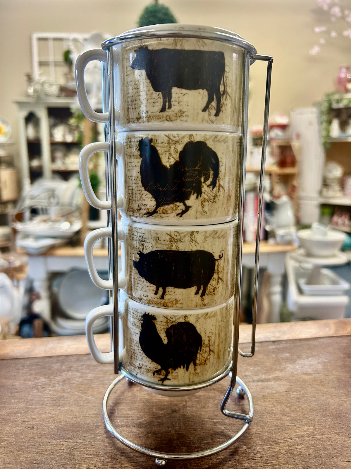 Brown & White Cypress Home Cow Pig Rooster Stacking Mugs, 10"