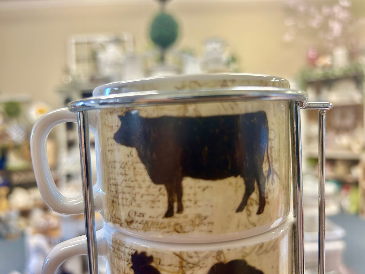 Brown & White Cypress Home Cow Pig Rooster Stacking Mugs, 10"