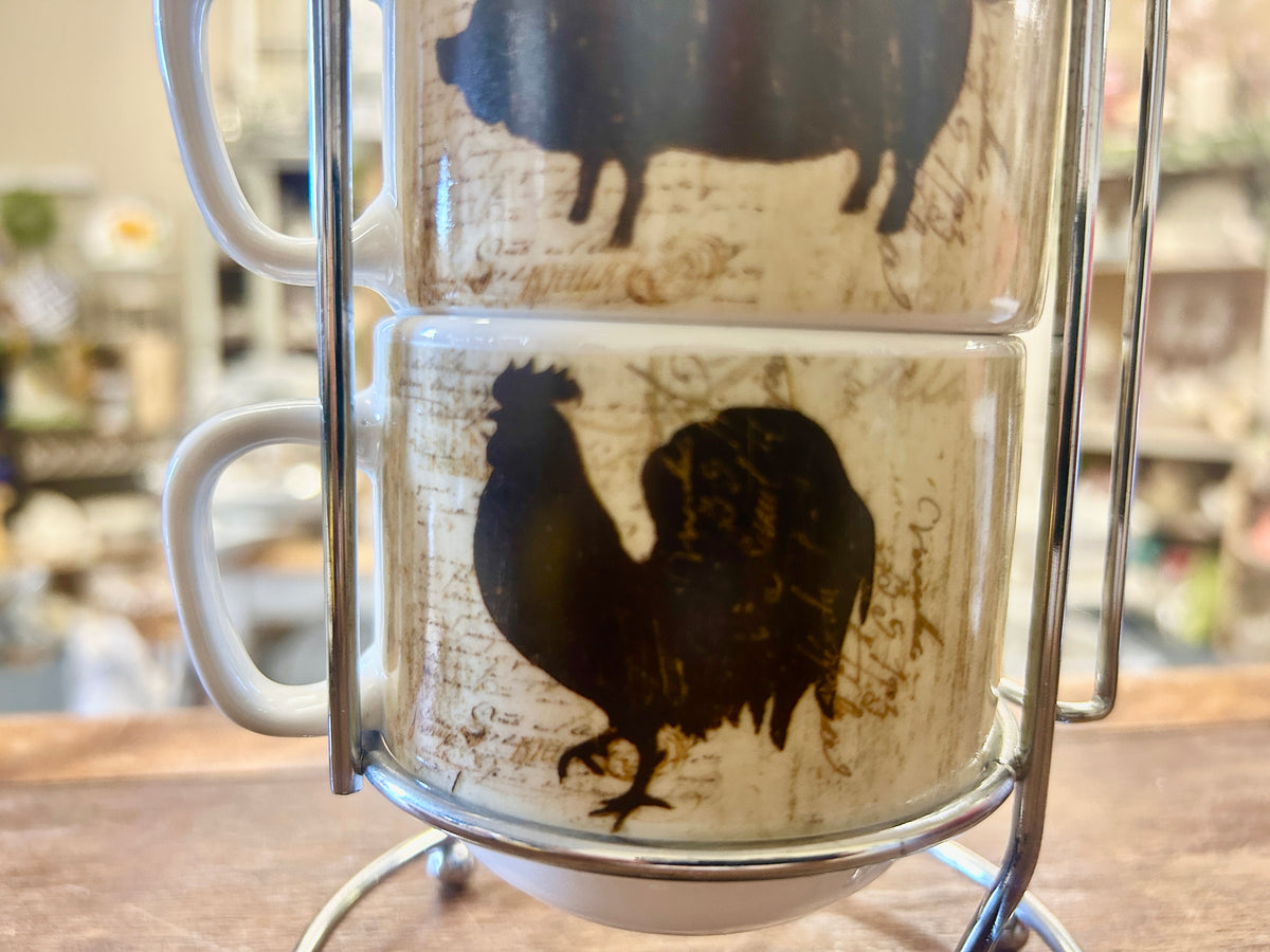 Brown & White Cypress Home Cow Pig Rooster Stacking Mugs, 10"