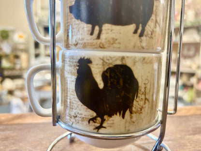 Brown & White Cypress Home Cow Pig Rooster Stacking Mugs, 10"