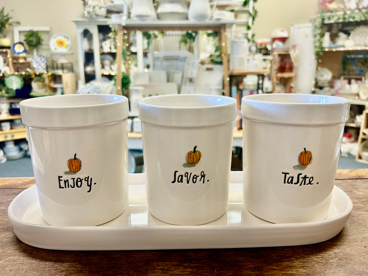White Rae Dunn 3 Pumpkin Pots & Tray, 14"