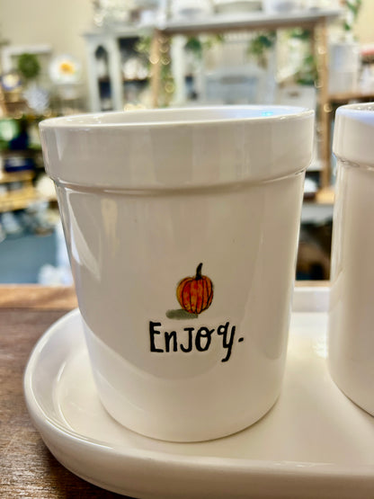 White Rae Dunn 3 Pumpkin Pots & Tray, 14"
