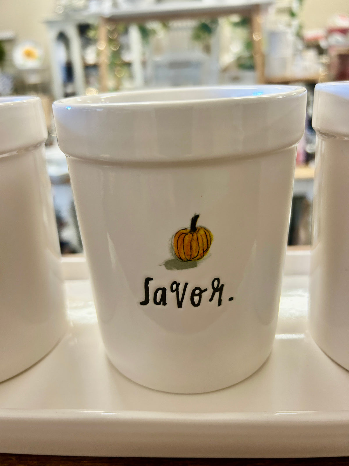 White Rae Dunn 3 Pumpkin Pots & Tray, 14"