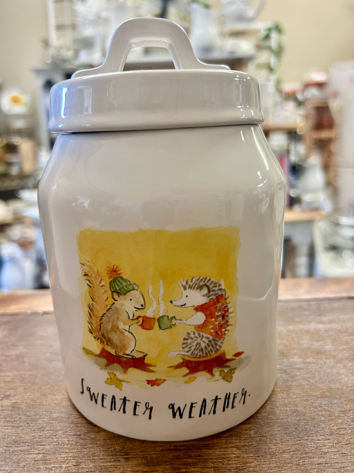 White Rae Dunn Sweater Weather Canister, 6 3/4"