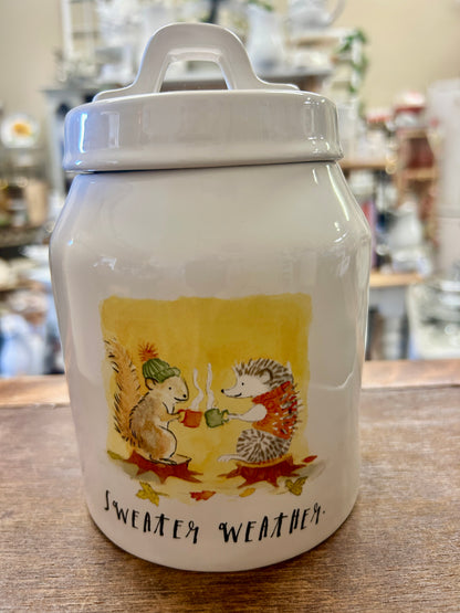 White Rae Dunn Sweater Weather Canister, 6 3/4"
