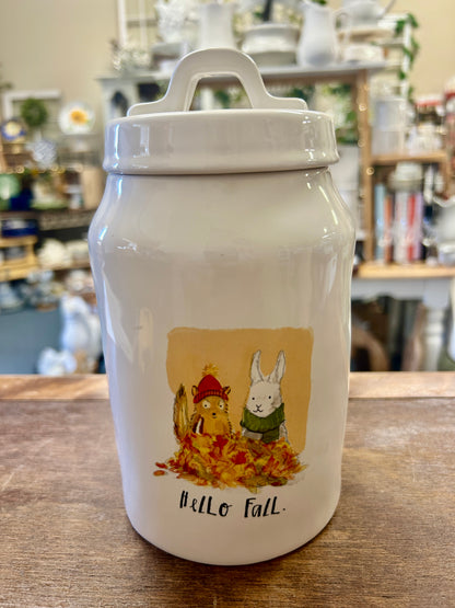 White Rae Dunn HELLO FALL Canister, 8"