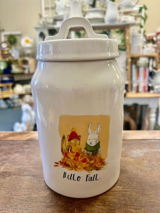 White Rae Dunn HELLO FALL Canister, 8"